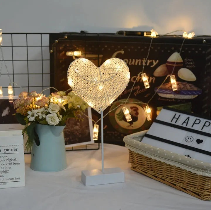 Rattan LED star lamp and heart lamp with copper wire frame for bedroom decoration