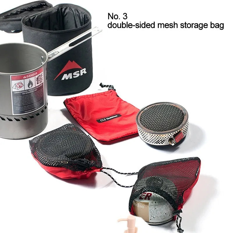 Set of five red Oxford cloth travel storage bags with zippered closures and multiple pockets