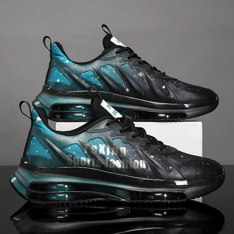 Men's black green heightened platform casual shoes with mesh upper and rubber sole.