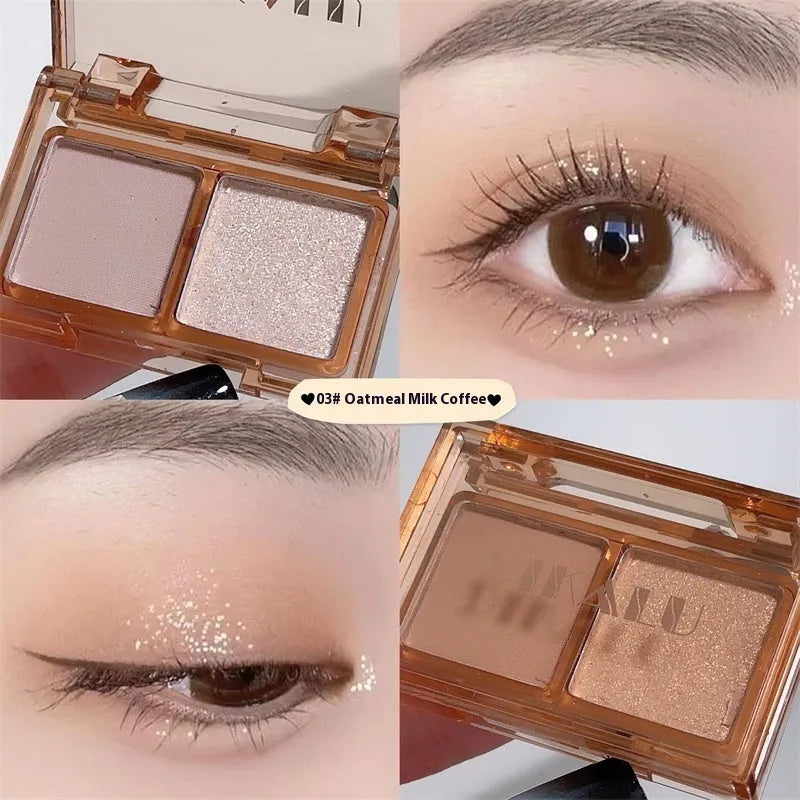 Cool two-tone eyeshadow palette showing pink and black matte and shimmer pressed powder in a single compact.