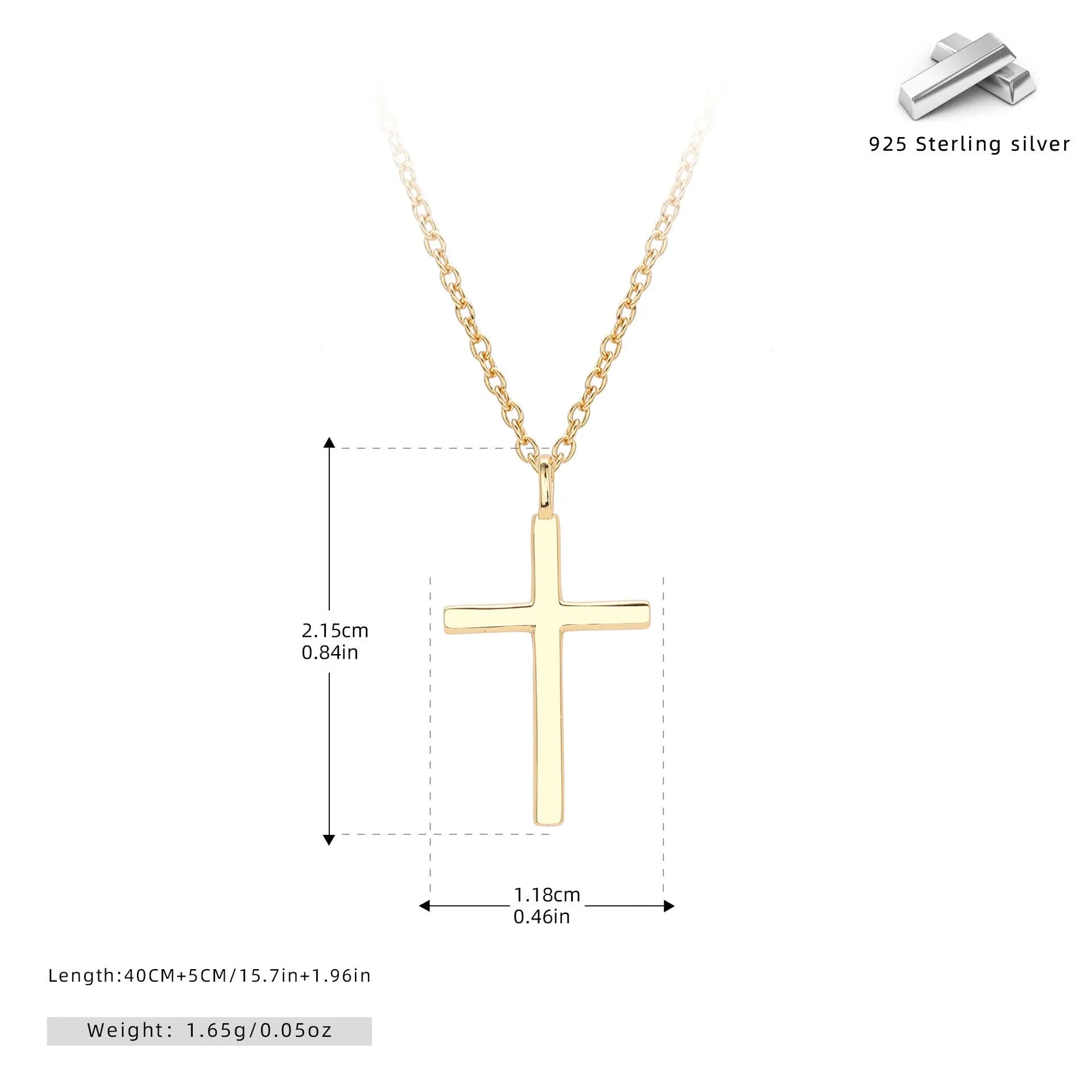 Sterling silver cross pendant necklace on an adjustable O-shaped chain, shown in gold plating.