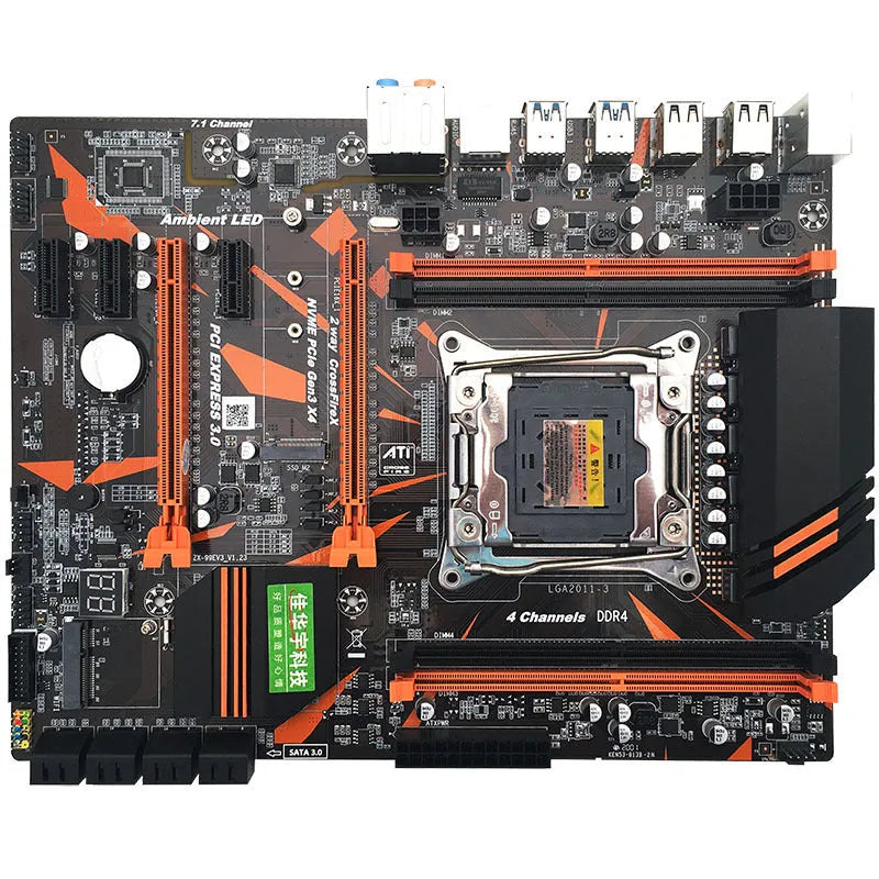 X99 computer motherboard with LGA2011-3 CPU socket and four DDR4 memory slots