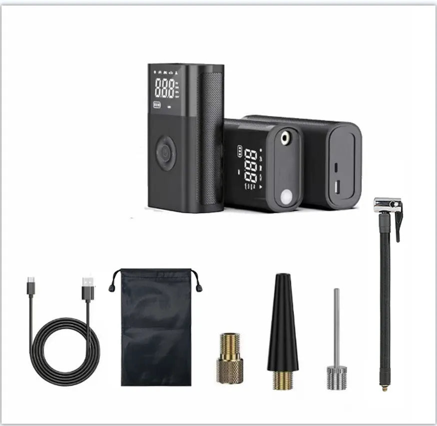 Handheld wireless digital display tyre pump with LED light and multiple nozzle attachments on a white background