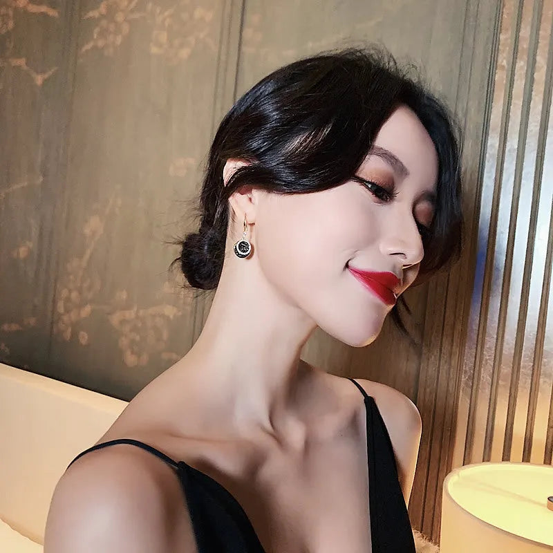 Black geometric alloy drop earrings with 3.6cm length, retro Hong Kong style