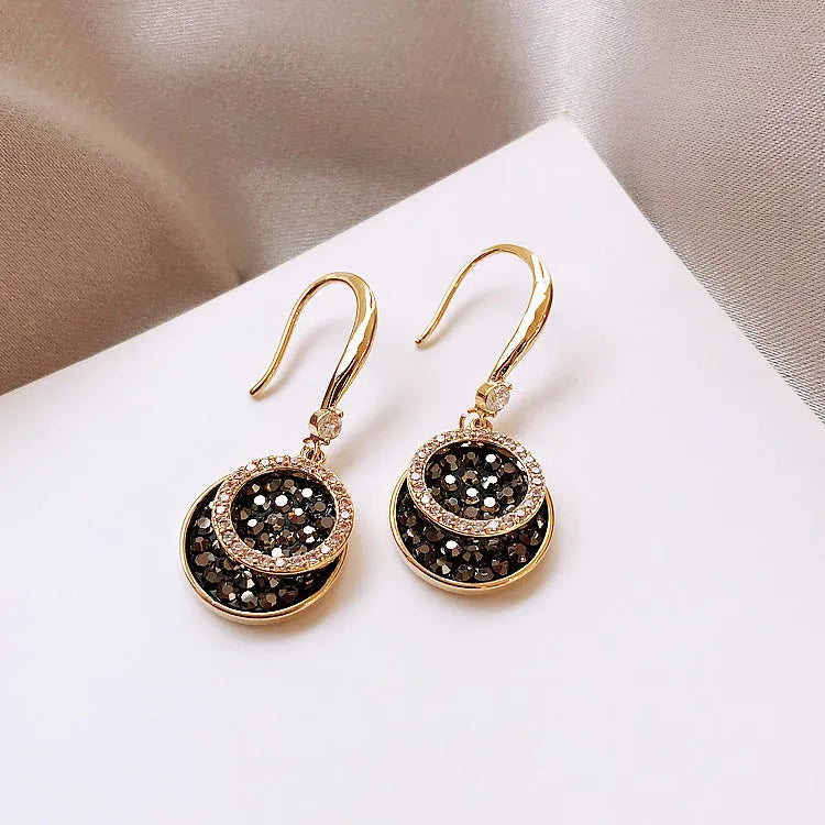 Black geometric alloy drop earrings with 3.6cm length, retro Hong Kong style