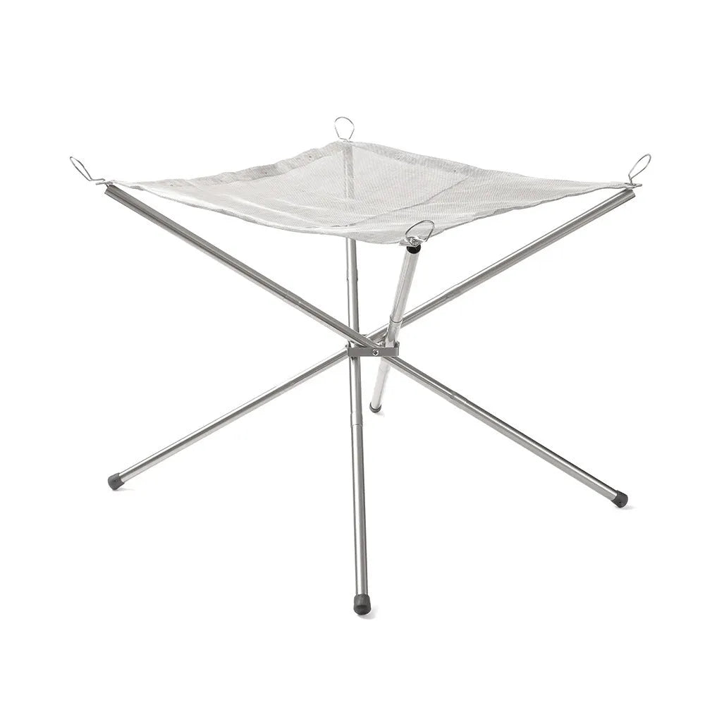 Silver stainless steel barbecue grill set with integrated cooking net, shown in medium and large sizes.