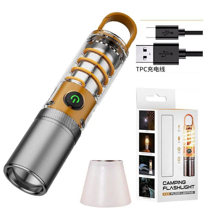 Orange and beige multifunctional flashlight with hook attachment and keychain