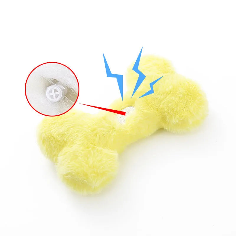 Blue plush bone-shaped dog toy with a vocal squeaker for interactive chew play