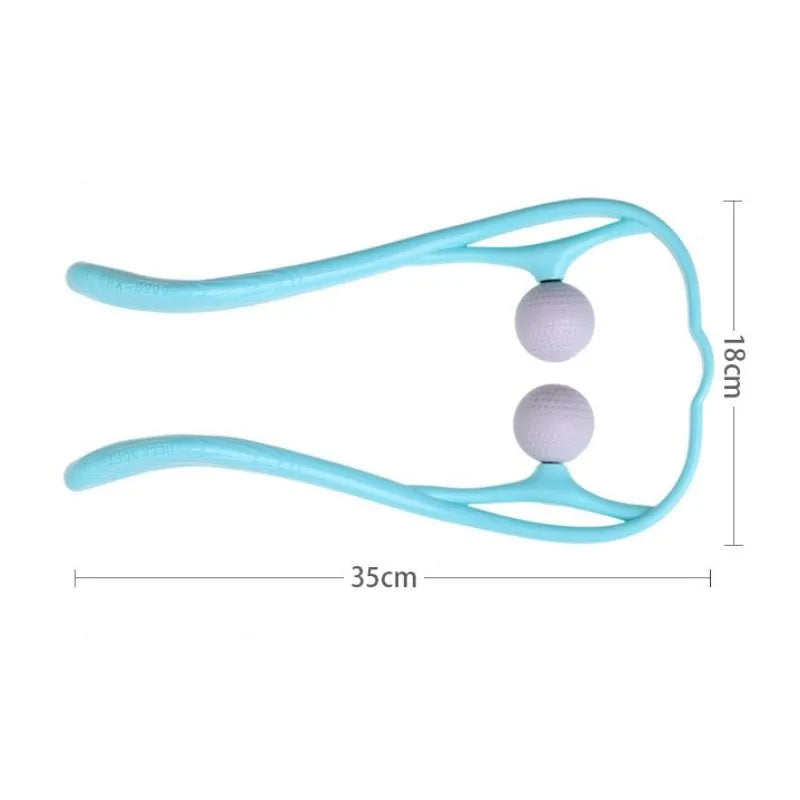 Blue handheld neck and shoulder massager with 3D floating-point heads and an adjustable plastic stand.