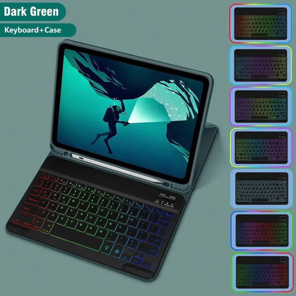 Colourful iPad leather case with attached luminous RGB backlit Bluetooth keyboard on a desk.