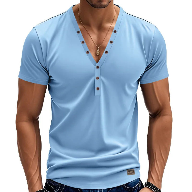 Men's loose thin V-neck sports pullover with button design in polyester blend fabric