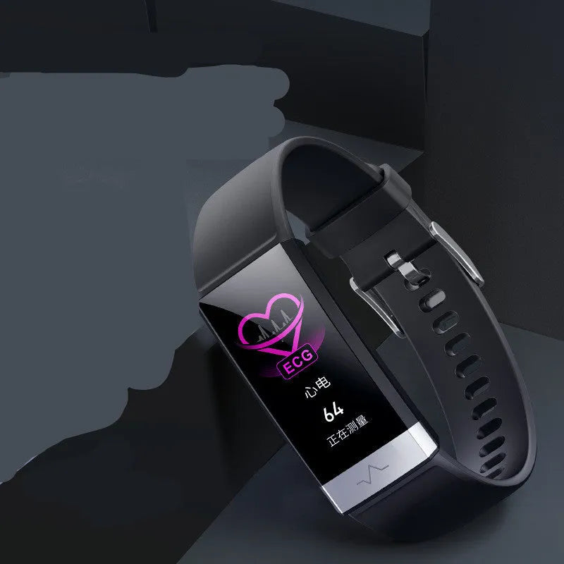 V19 smart health tracker bracelet with colour screen on a wrist, showing ECG graph.