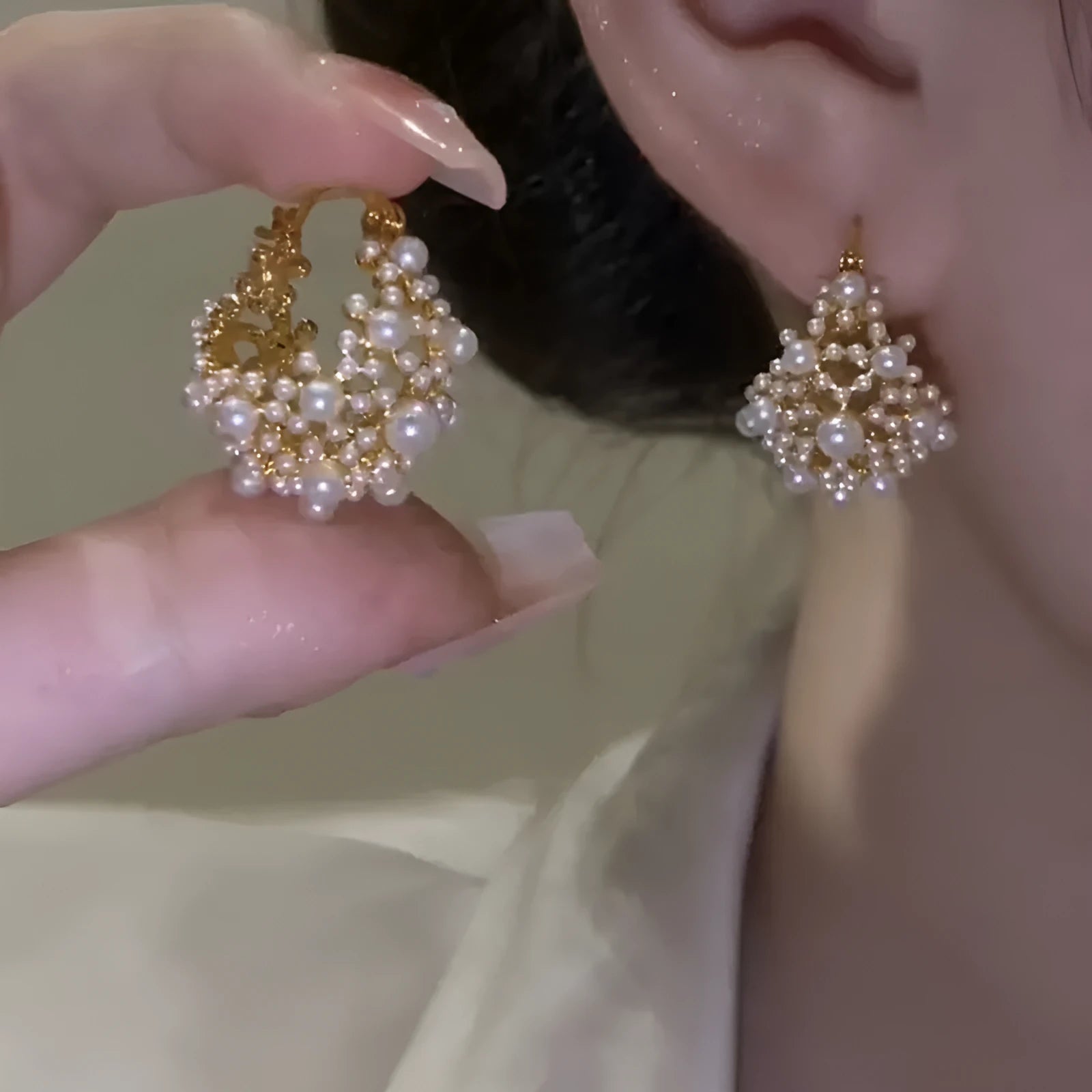 Gold women's flower basket earrings with pearl bead decoration on copper