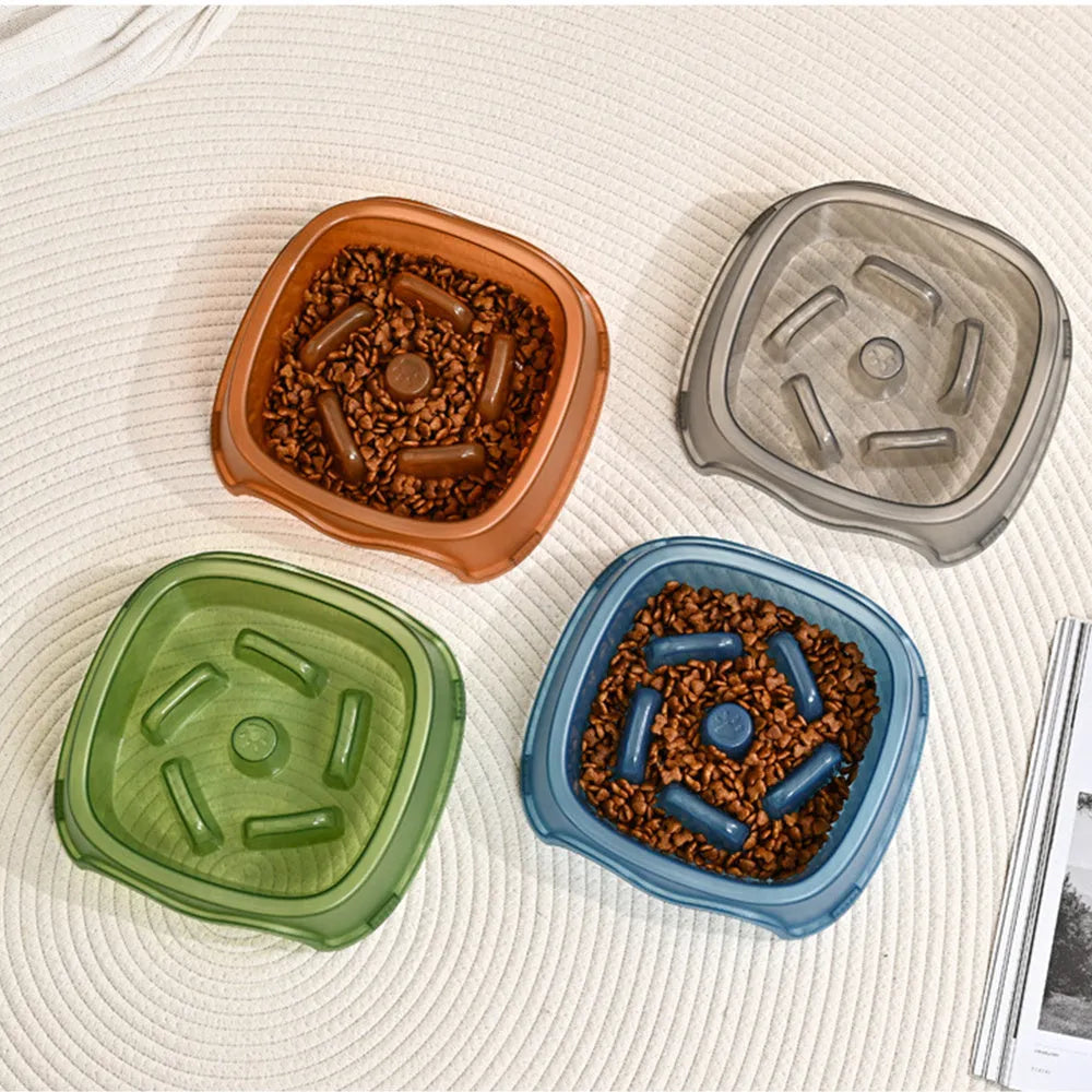 Plastic slow feed anti-choking dog bowl in blue, grey, green, or orange colour