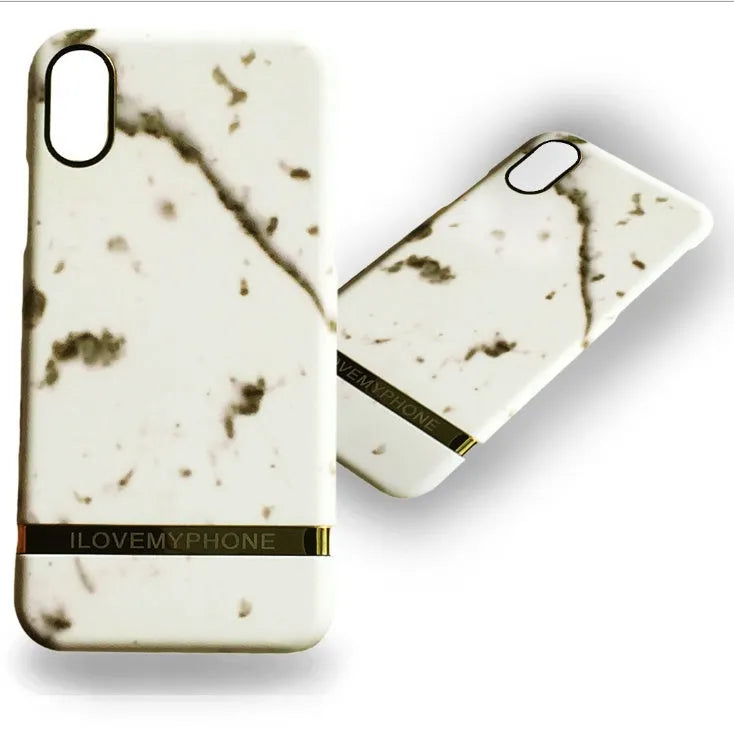 Marble pattern plastic case for iPhone on a table, shown in multiple colour options.