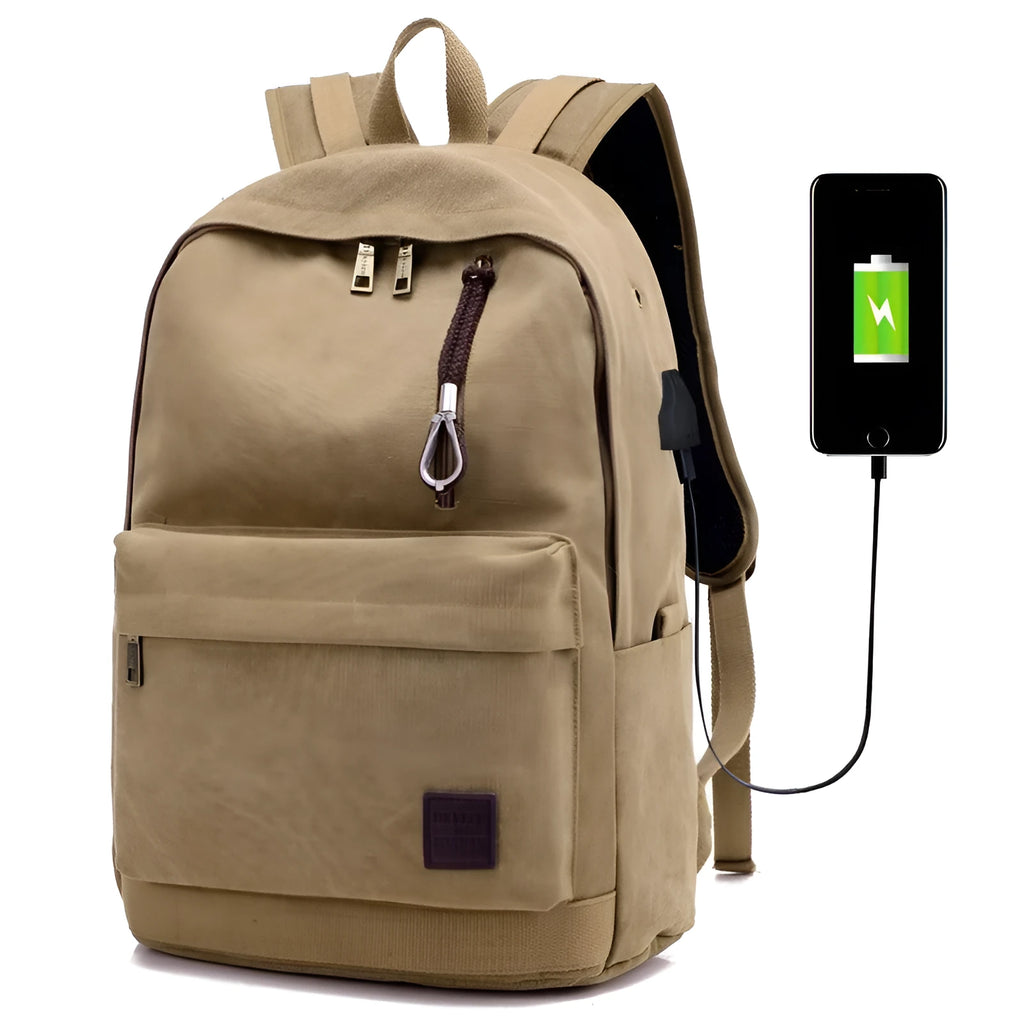 Canvas USB rechargeable backpack with laptop compartment showing multiple storage pockets