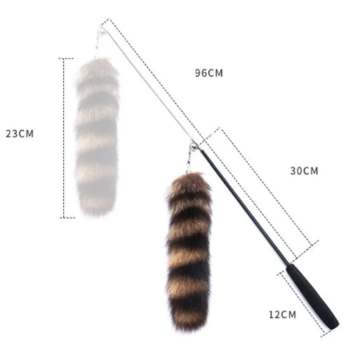 Black cat toy wand with elastic string, measuring 42cm long.