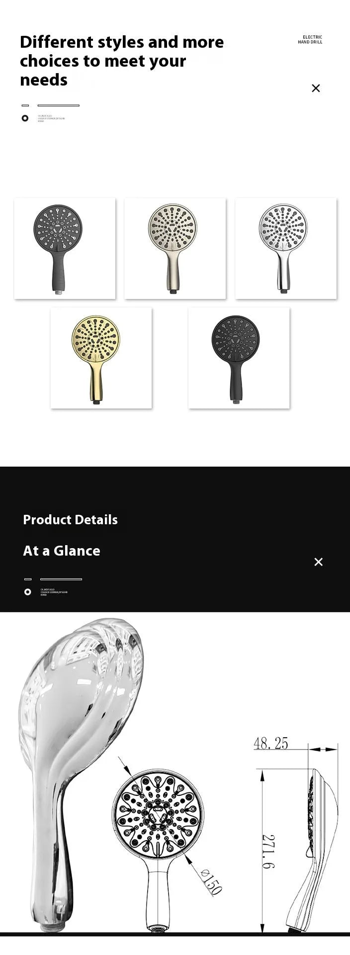 Portable six-function handheld shower head with chrome electroplated finish