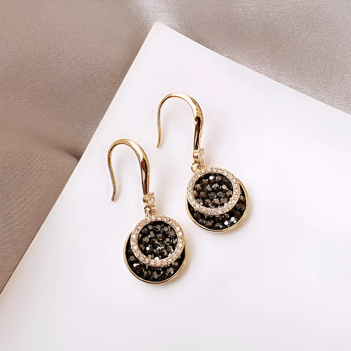 Black geometric alloy drop earrings with 3.6cm length, retro Hong Kong style