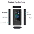 Black portable 5G Wi-Fi router showing LCD display and compact size next to charging cable