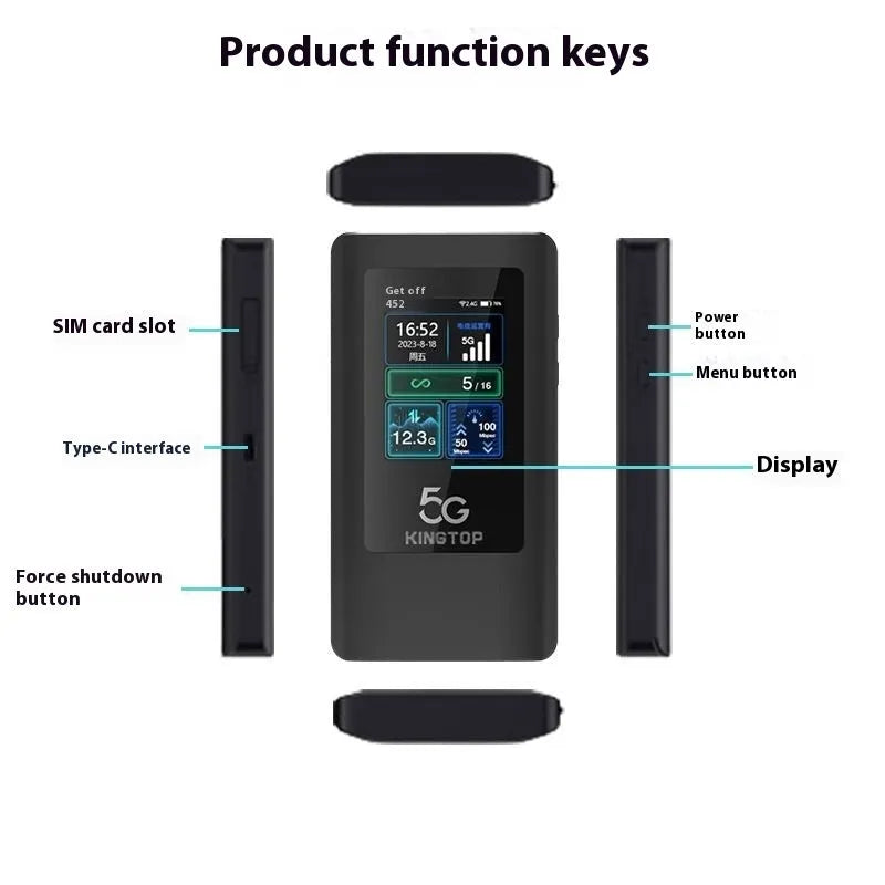 Black portable 5G Wi-Fi router showing LCD display and compact size next to charging cable