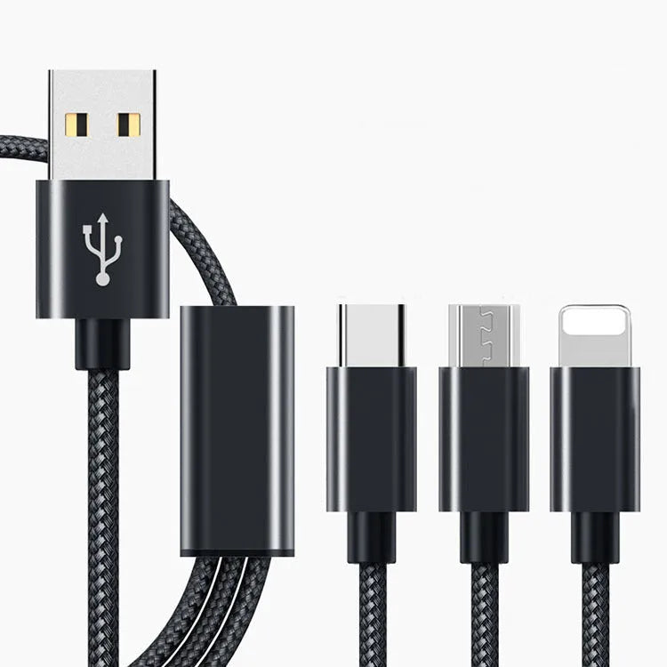 Three-in-one mobile phone charging cable with 1.2m length in multiple colour options