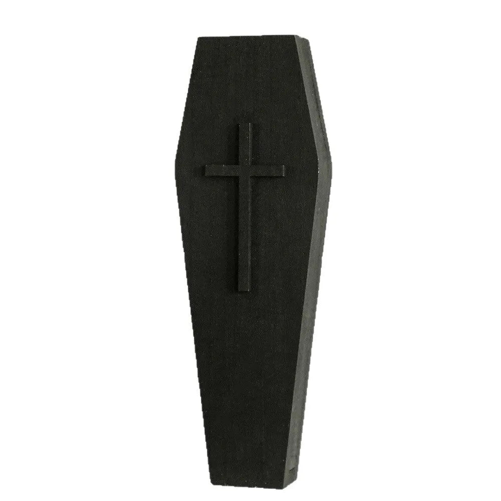 Black wooden cross-shaped wall shelf with a small ledge, measuring 27cm tall.