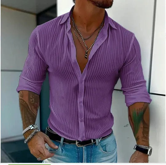 Men's striped long sleeve cardigan shirt in British style loose fit on hanger