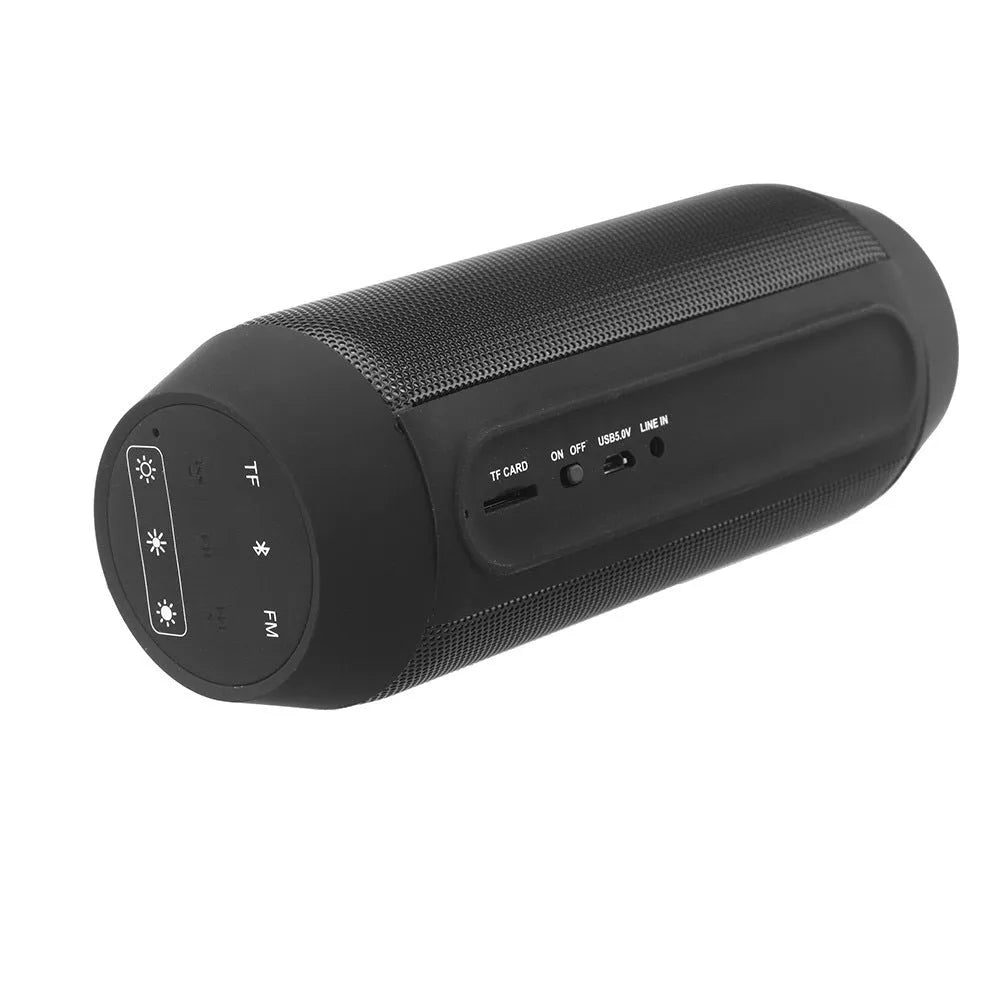 Small black or white Bluetooth speaker with colourful LED lights displaying red green blue white effects