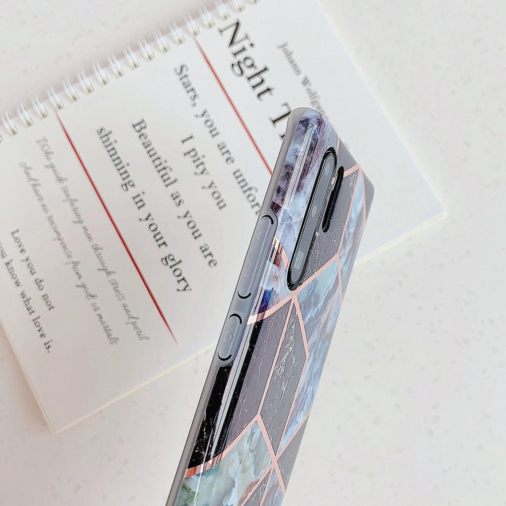Electroplated marble pattern mobile phone case showing multiple colour options for Huawei and Samsung smartphones