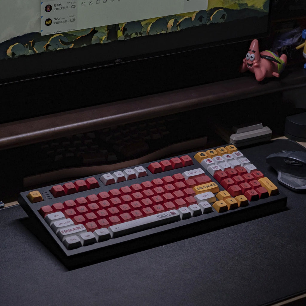 Set of 138 PBT sublimation printed key caps for a mechanical keyboard on a desk.