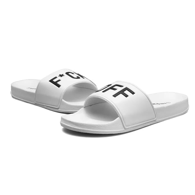 Men's black open-toe slippers with rubber soles showing personalised detail