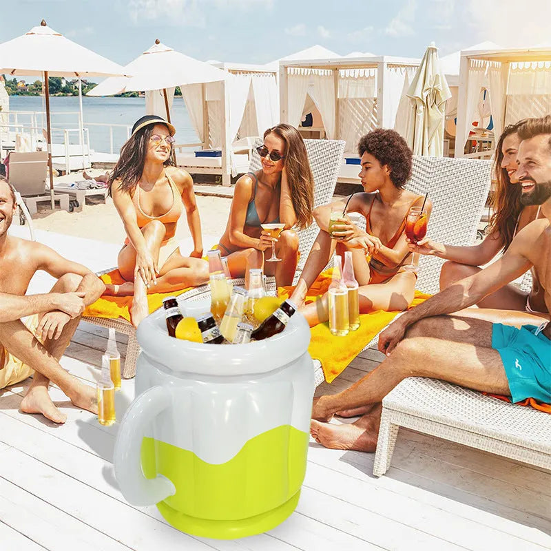Yellow inflatable PVC ice bucket for outdoor drink cooling at parties and beaches