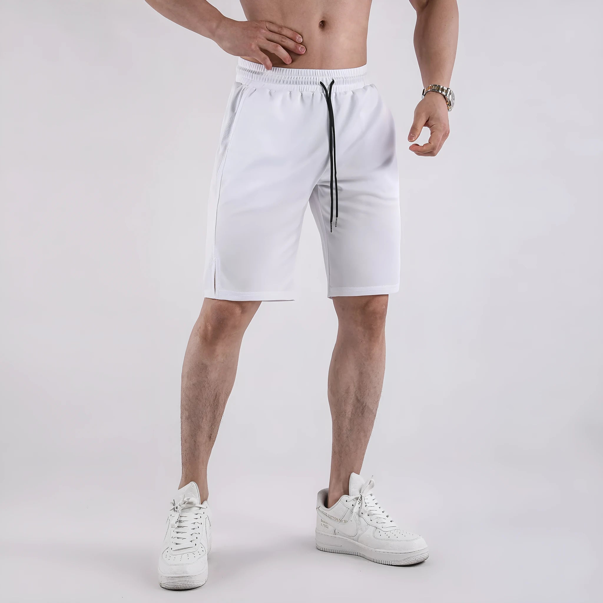 Men's black quick-drying mesh shorts with elastic waistband and loose fit for summer sports