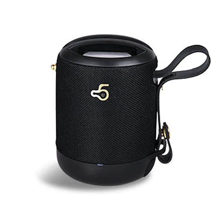 Portable wireless bluetooth speaker with leather case in black, blue, camouflage, grey, or red colour options.