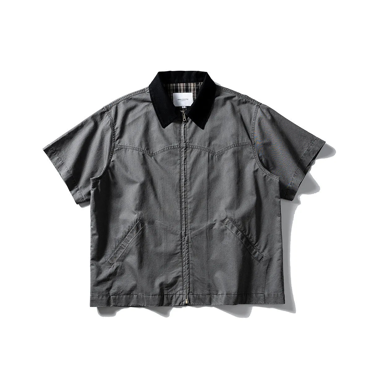 Washed khaki grey short sleeve overalls shirt loose cardigan style on hanger
