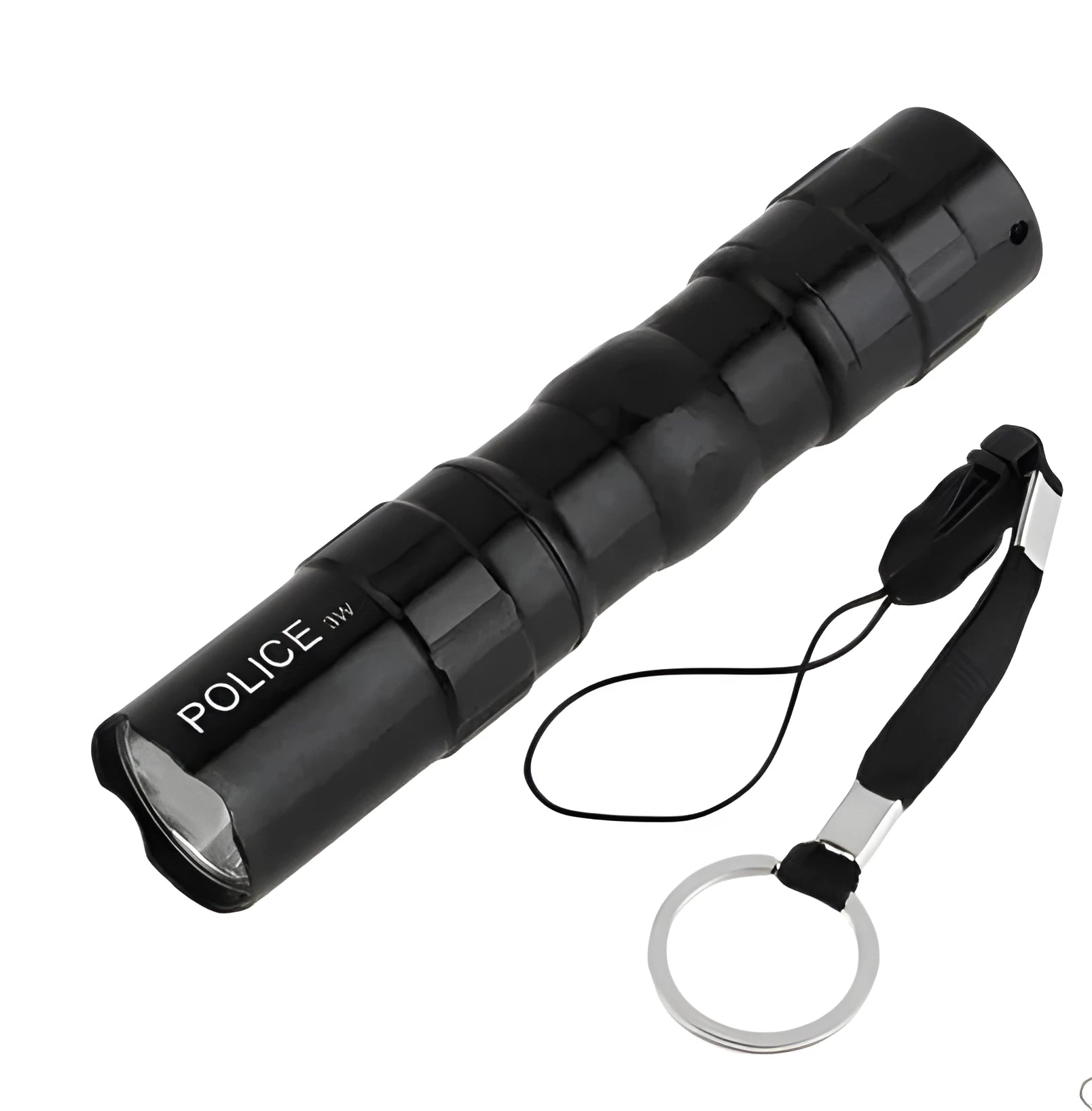Small black aluminium LED flashlight with a strong beam, shown next to a AA battery for scale.