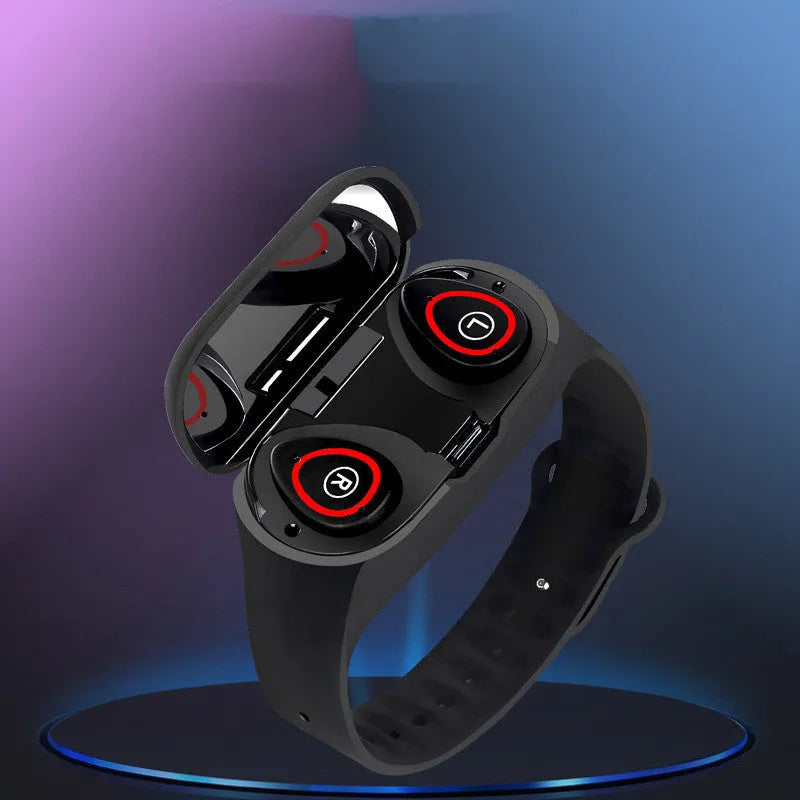 Smart bracelet with integrated wireless earphone in silicone wristband showing display screen and available in black, blue, or red colours