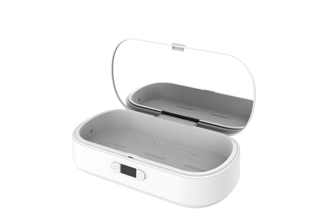 White ABS plastic wireless UV steriliser box with aromatherapy function for phones and small items