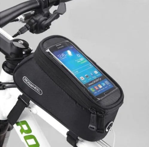 ROSWHEEL black PVC bicycle frame bag mounted on a bike, holding a mobile phone.