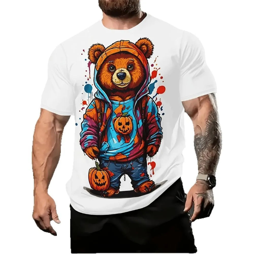 Man wearing a loose-fit short-sleeve shirt with a colourful cartoon print, showing front detail.
