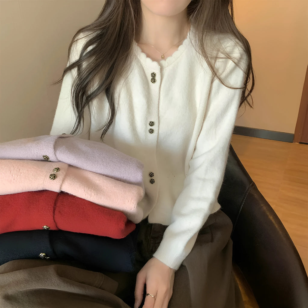 Women's long-sleeved acrylic cardigan coat in milky white, red, pink, light purple, or black.