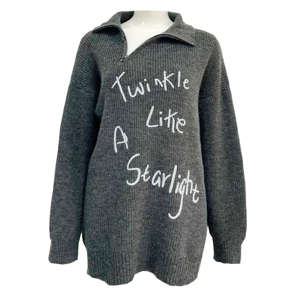 Women's light khaki alpaca wool pullover sweater with diagonal zipper and loose lapel collar