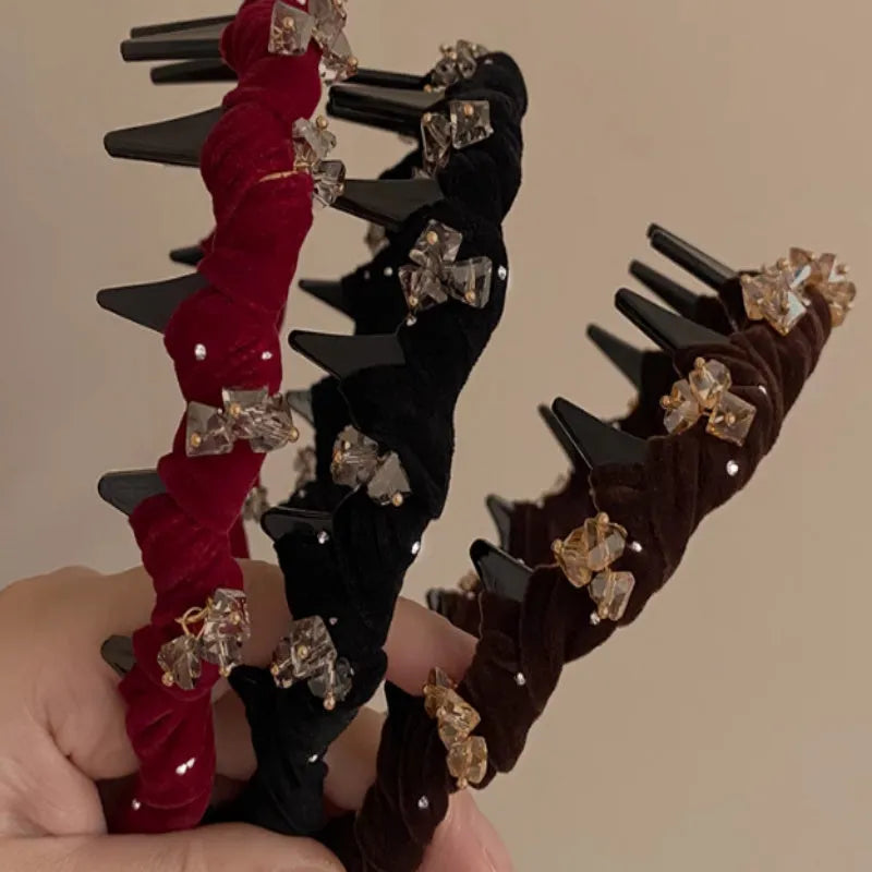 French velvet crystal wave hair pressing headband in wine red colour with hand-beaded detailing