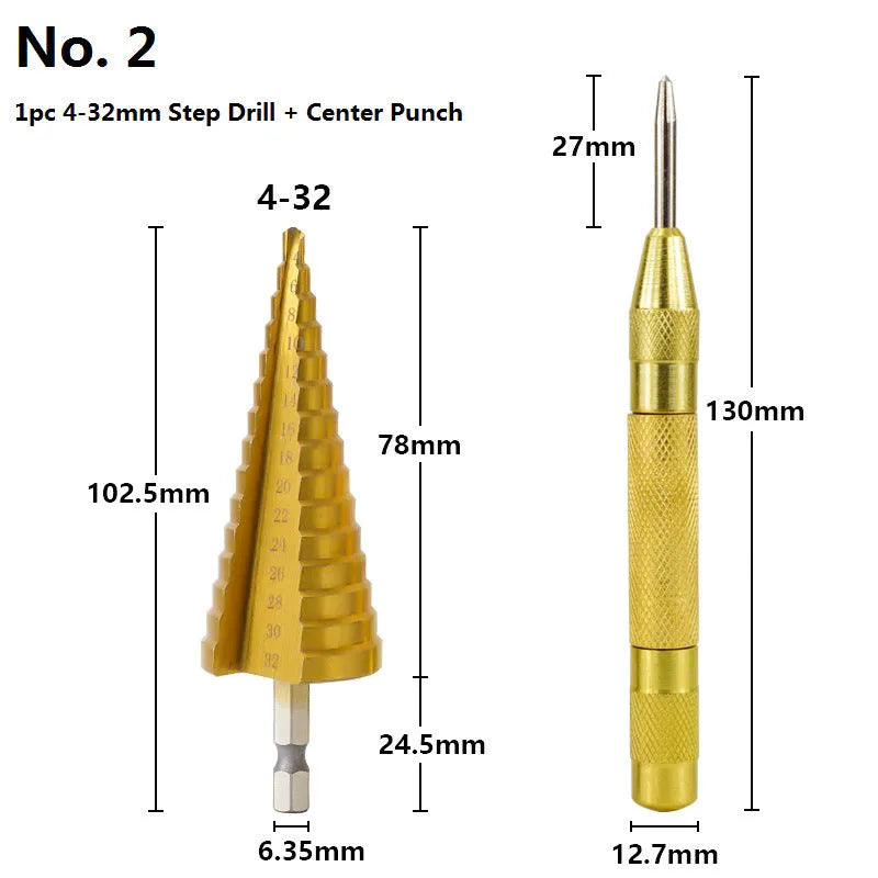 High-speed steel cone drill bit punch set with step bits and centre punch for metal drilling