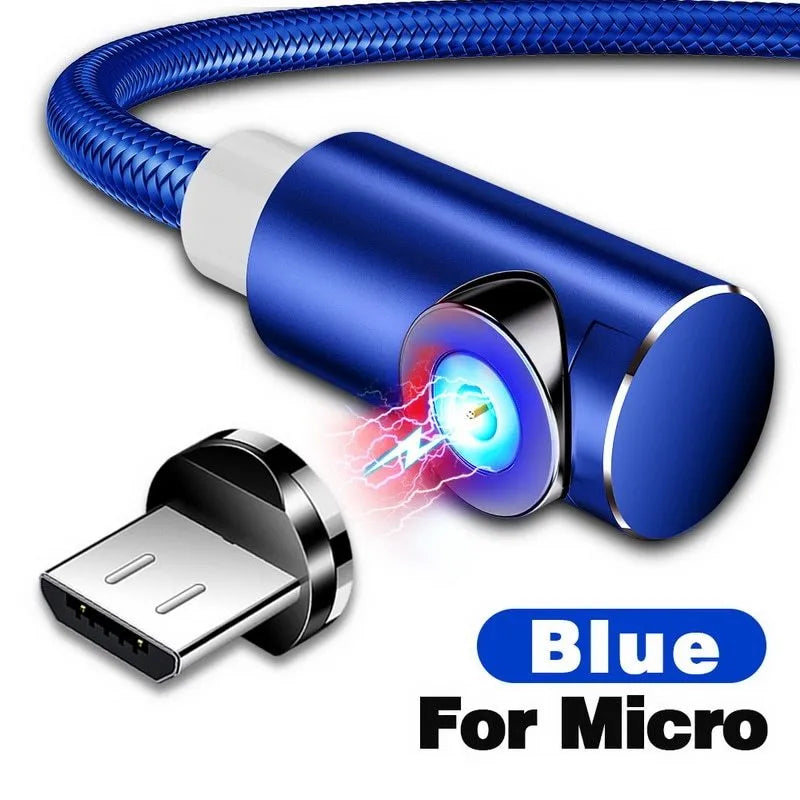 Black magnetic charging cable with aluminium housing and LED light indicator showing magnetic connectors