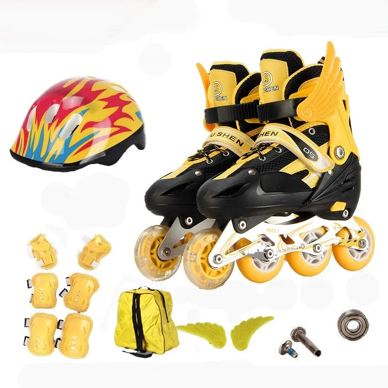 Child's adjustable roller skates in yellow with PU foam wheels, aluminium frame, and full set of protective gear including helmet.