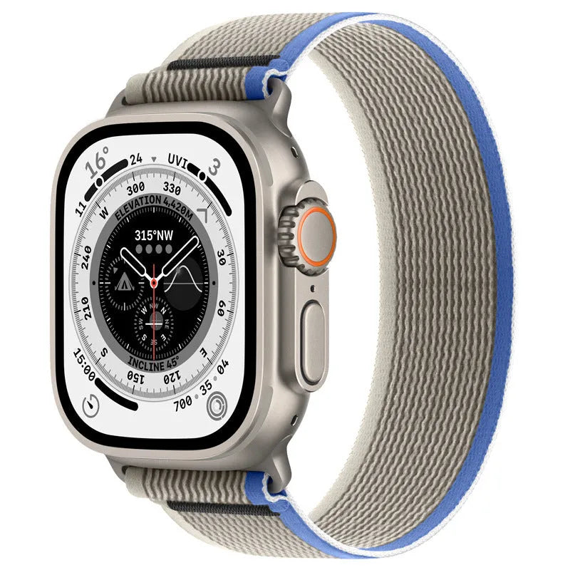 Wild Diameter single ring integrated nylon watch strap for Apple Watch in multiple colour options on a grey background.