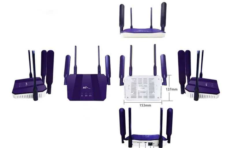 Blue 4G all network communication dual mode router with four external antennas showing front panel and dimensions