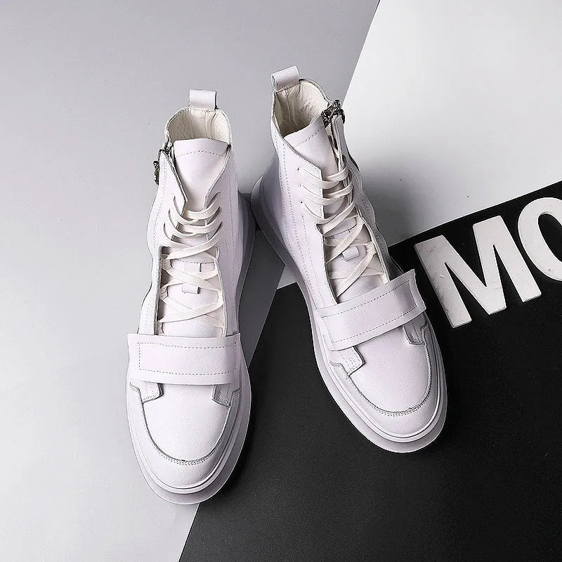 Black and white PU leather men's winter ankle boots with high-top sneakers style